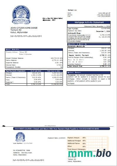 Afganistan Bank Afganistanu wyciąg z kredytu hipotecznego szablon Word i PDF